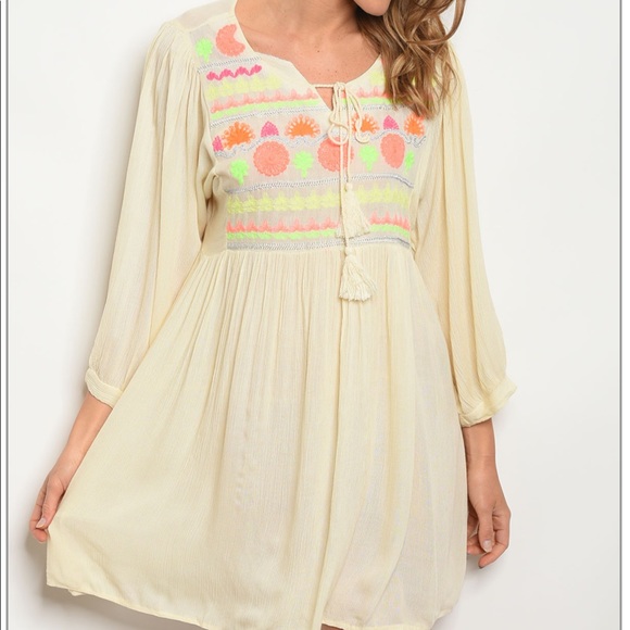 Dresses & Skirts - Brand New Boho Chic Beige & Neon Embroidered Dress